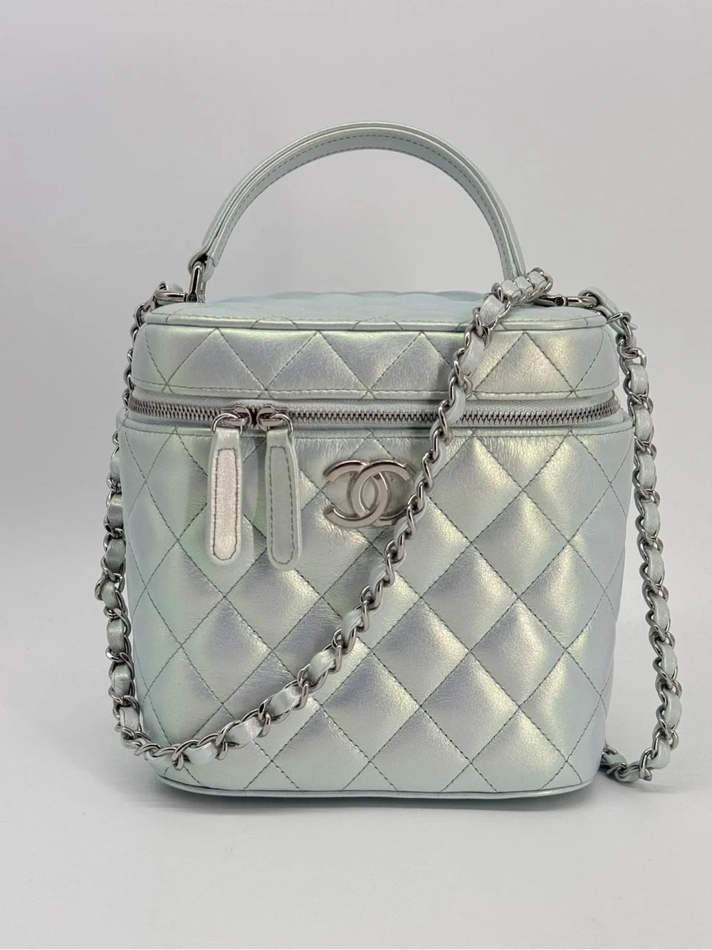 Chanel Vanity Case Iridescent Metallic Blue Leather Handbag